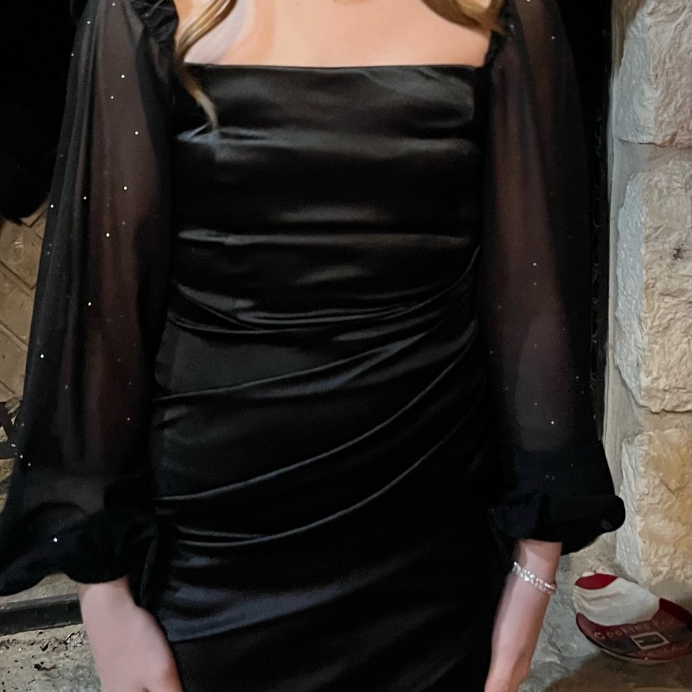 Windsor Black Satin Dress with Sheer Sleeves